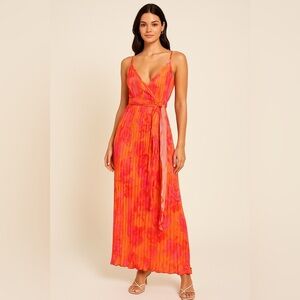 PrettyLittleThing Orange Pink Floral Pleated Wrap Maxi Dress Size US 0 NWT